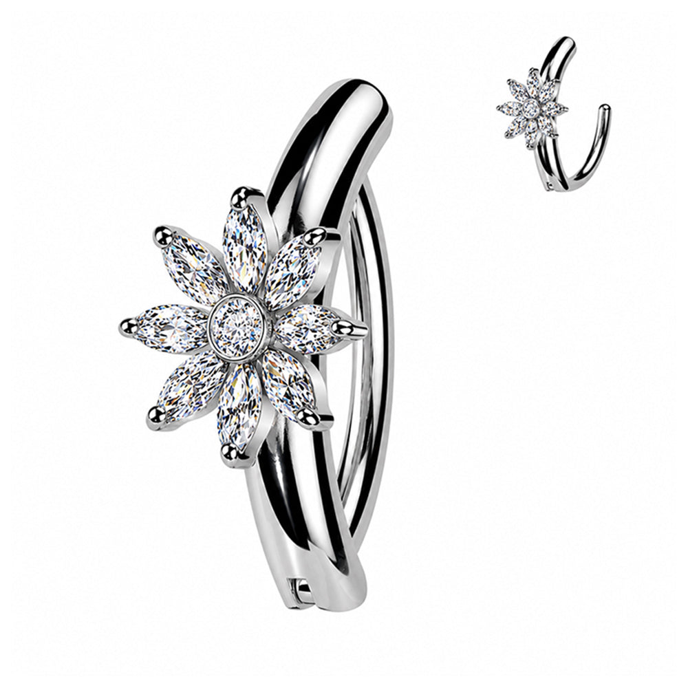 Surgical Steel 14 Gauge Hinged Belly Button Ring CZ Flower Marquise