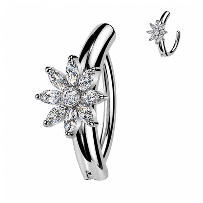 Surgical Steel 14 Gauge Hinged Belly Button Ring CZ Flower Marquise