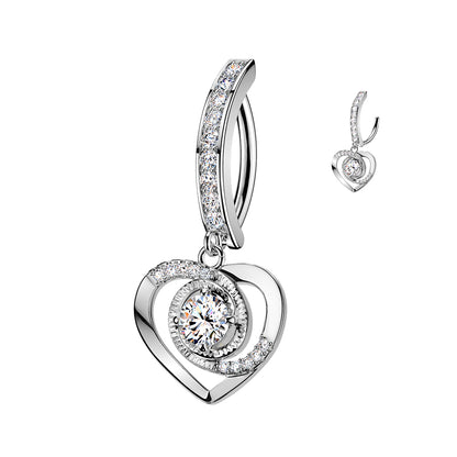 Surgical Steel 14 Gauge Hinged Belly  Ring with Heart Paved CZ Dangle
