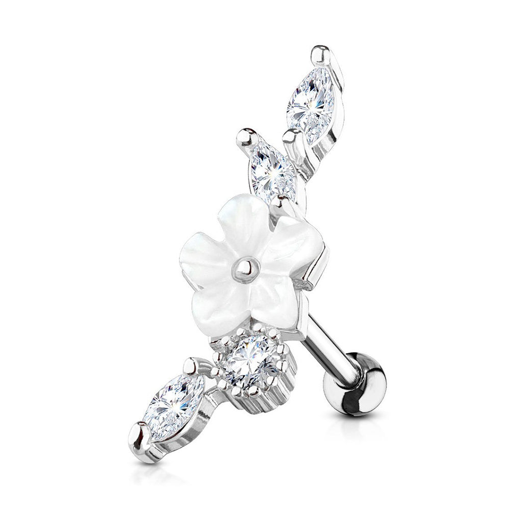 Surgical Steel 16 Gauge Tragus Barbell with CZ Pearl Flower Tops - photo 3
