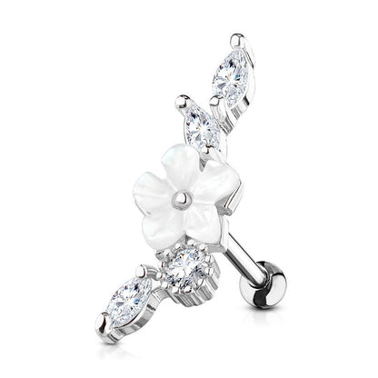 Surgical Steel 16 Gauge Tragus Barbell with CZ Pearl Flower Tops - photo 3