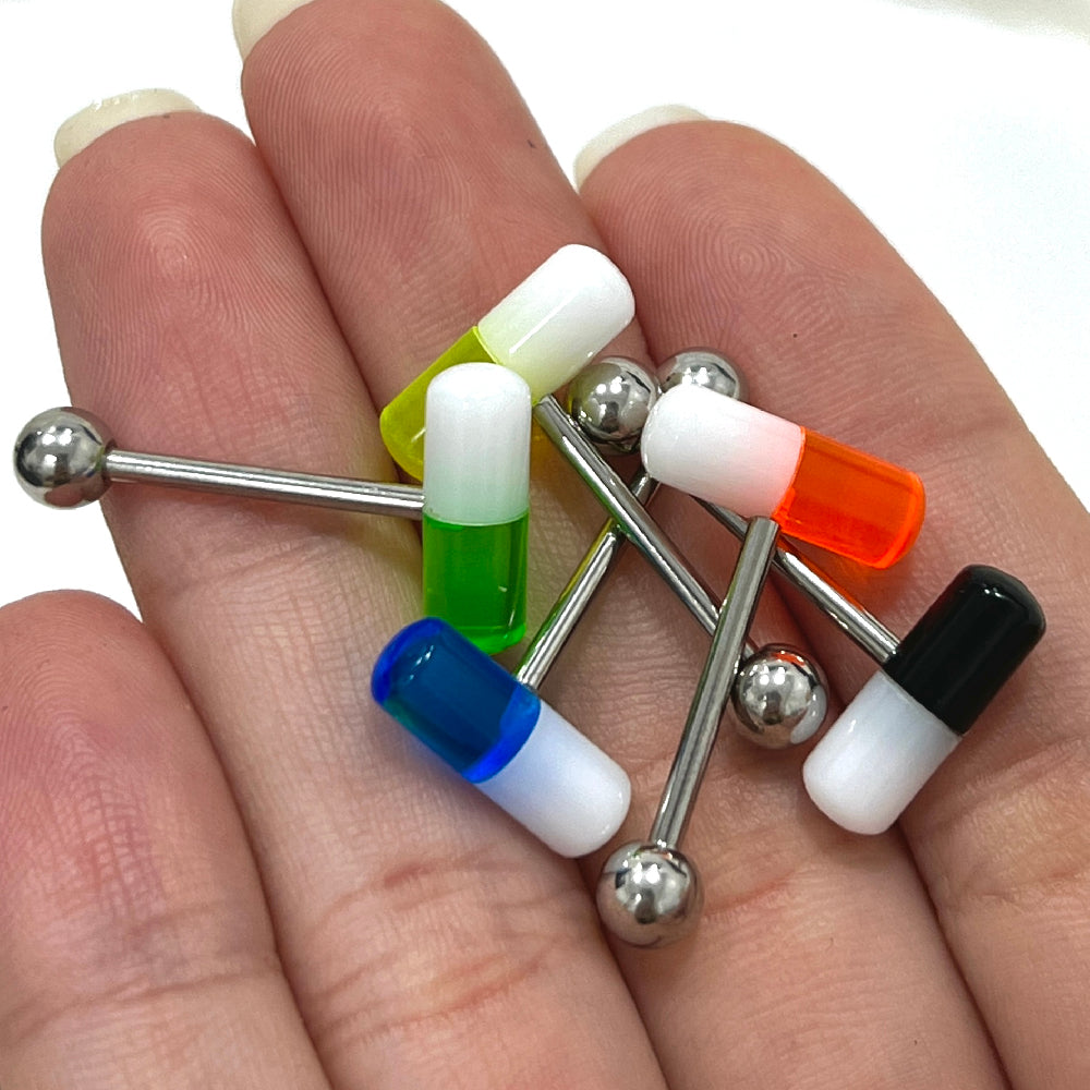 Surgical Steel & Acrylic 14 Gauge Pill Tongue Barbells 16mm - 5 Pack