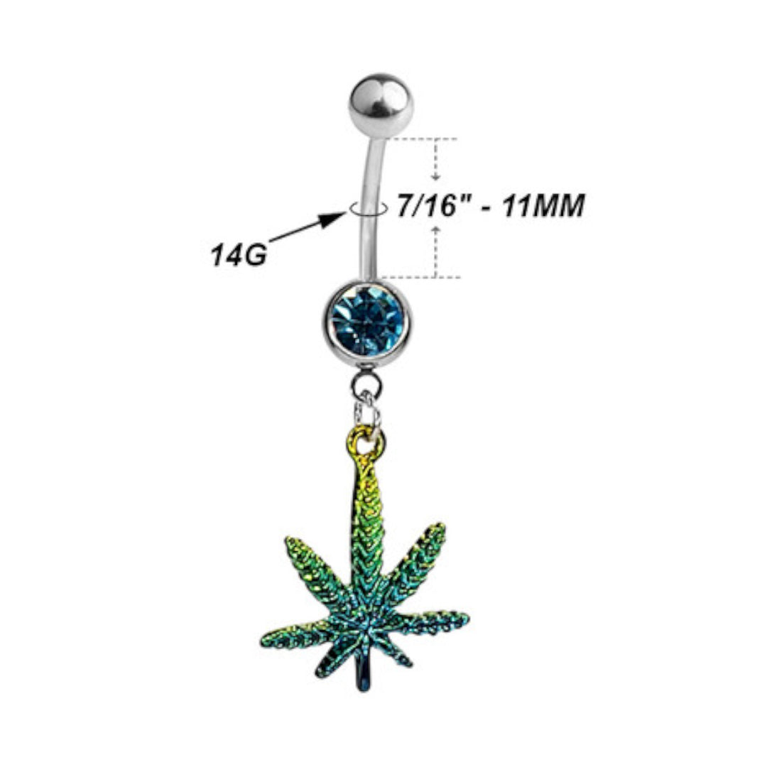 Surgical Steel 14 Gauge Belly Ring with CZ Pot Leaf Dangle - photo 2