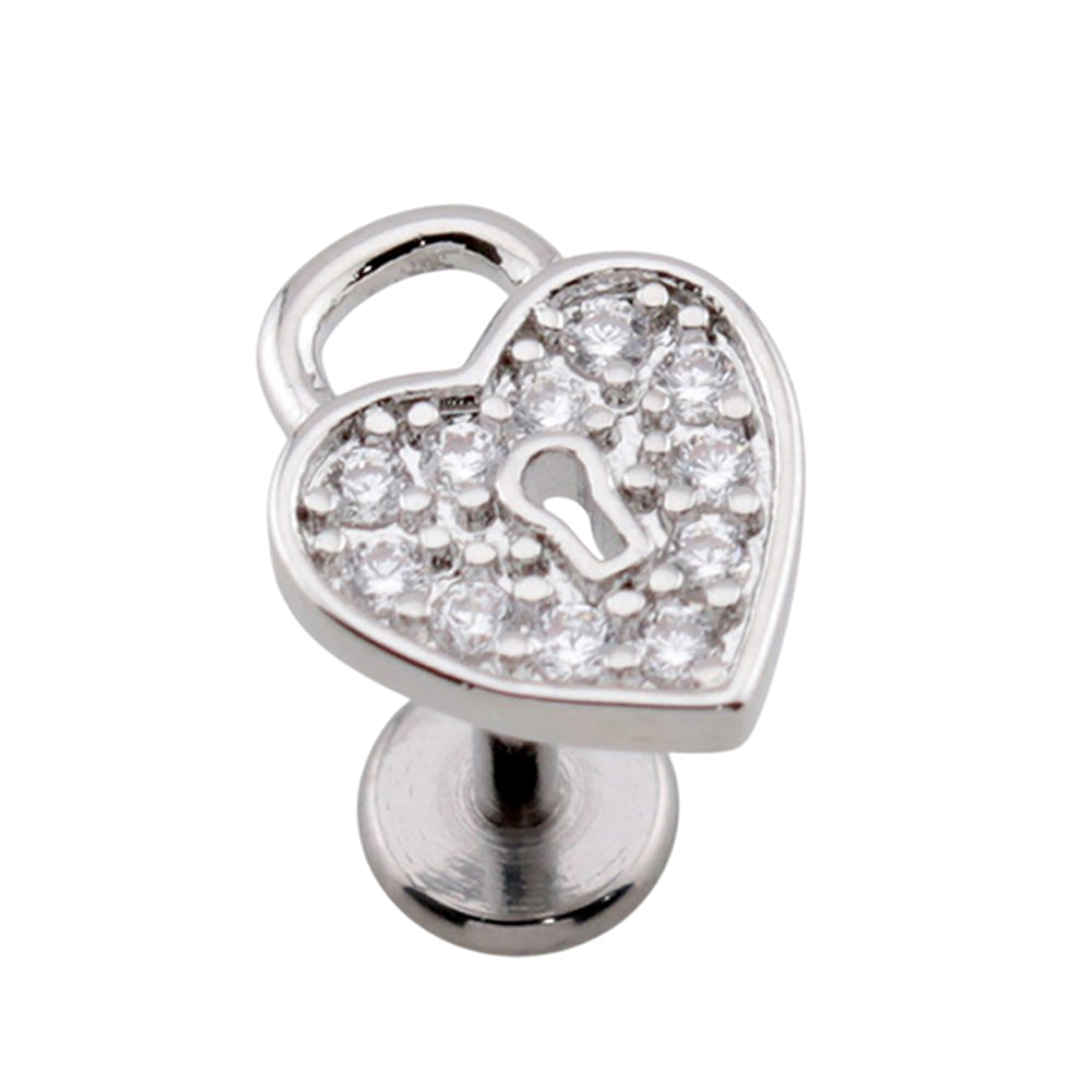 Surgical Steel 18 Gauge Labret Stud with Push Heart Lock CZ