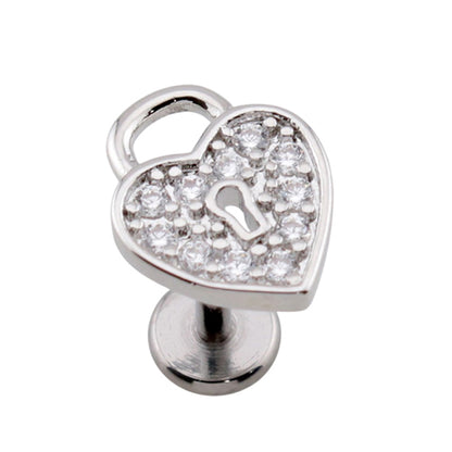 Surgical Steel 18 Gauge Labret Stud with Push Heart Lock CZ