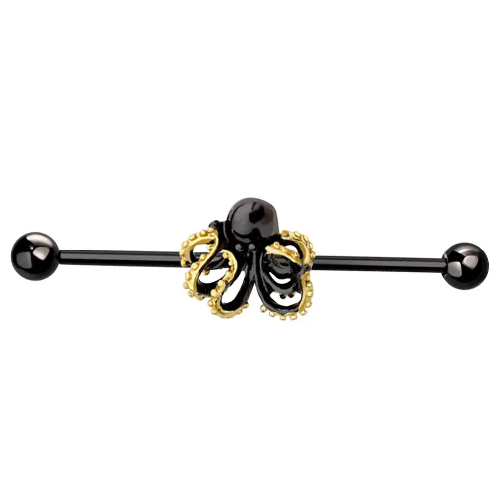 Surgical Steel 14 Gauge Black Octopus Industrial Barbell