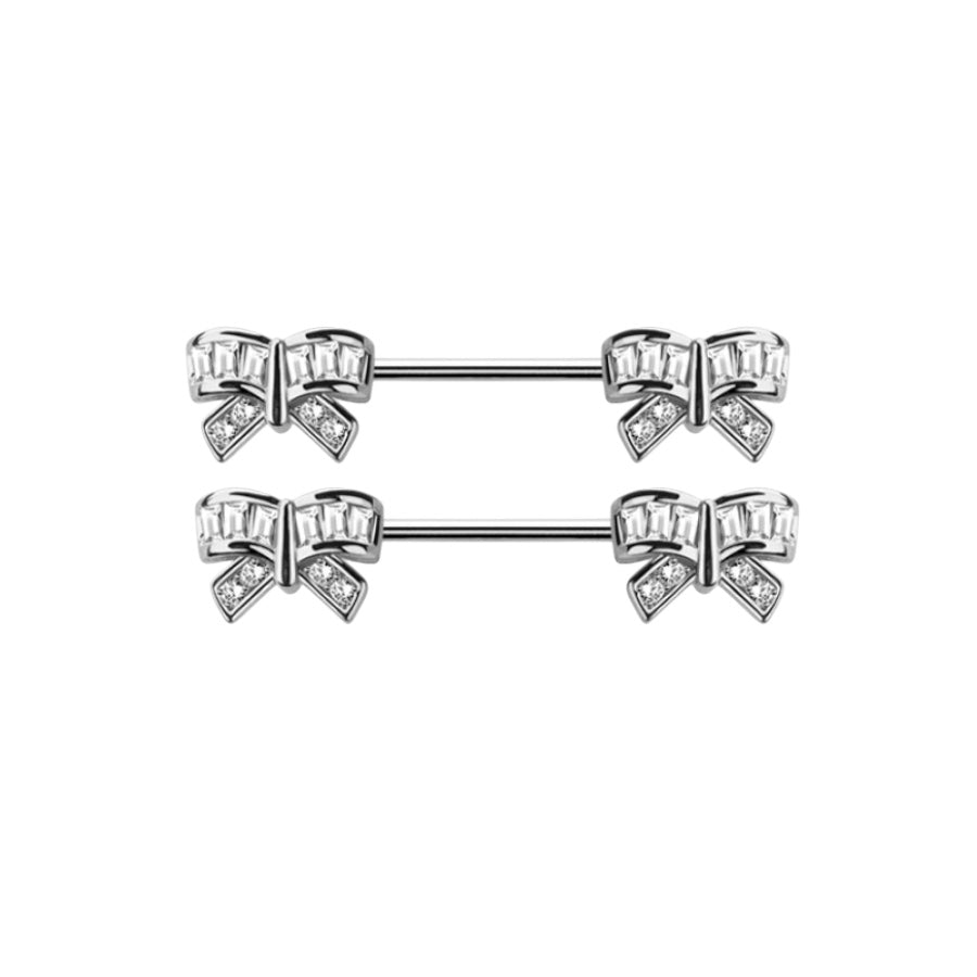 Surgical Steel 14 Gauge Nipple Barbell with CZ Ribbon - Pair