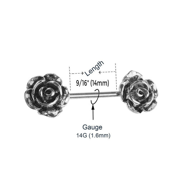 Surgical Steel 14 Gauge Nipple Barbell with Vintage Rose Flower - Pair - photo 2