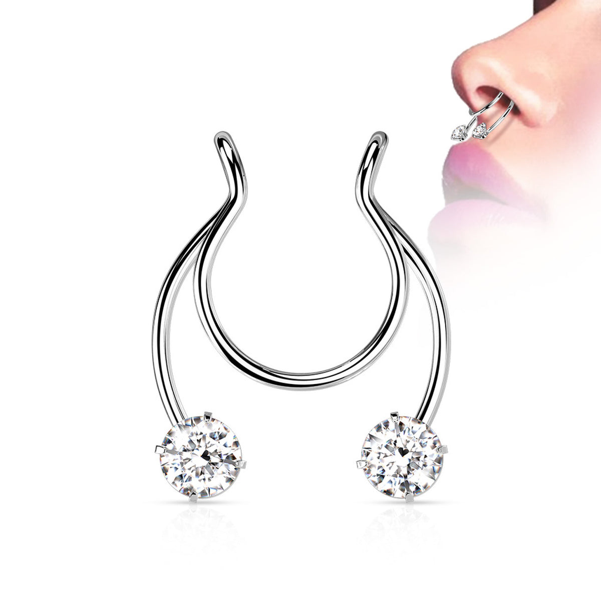 Surgical Steel Horseshoe CZ Fake Clip On Ring