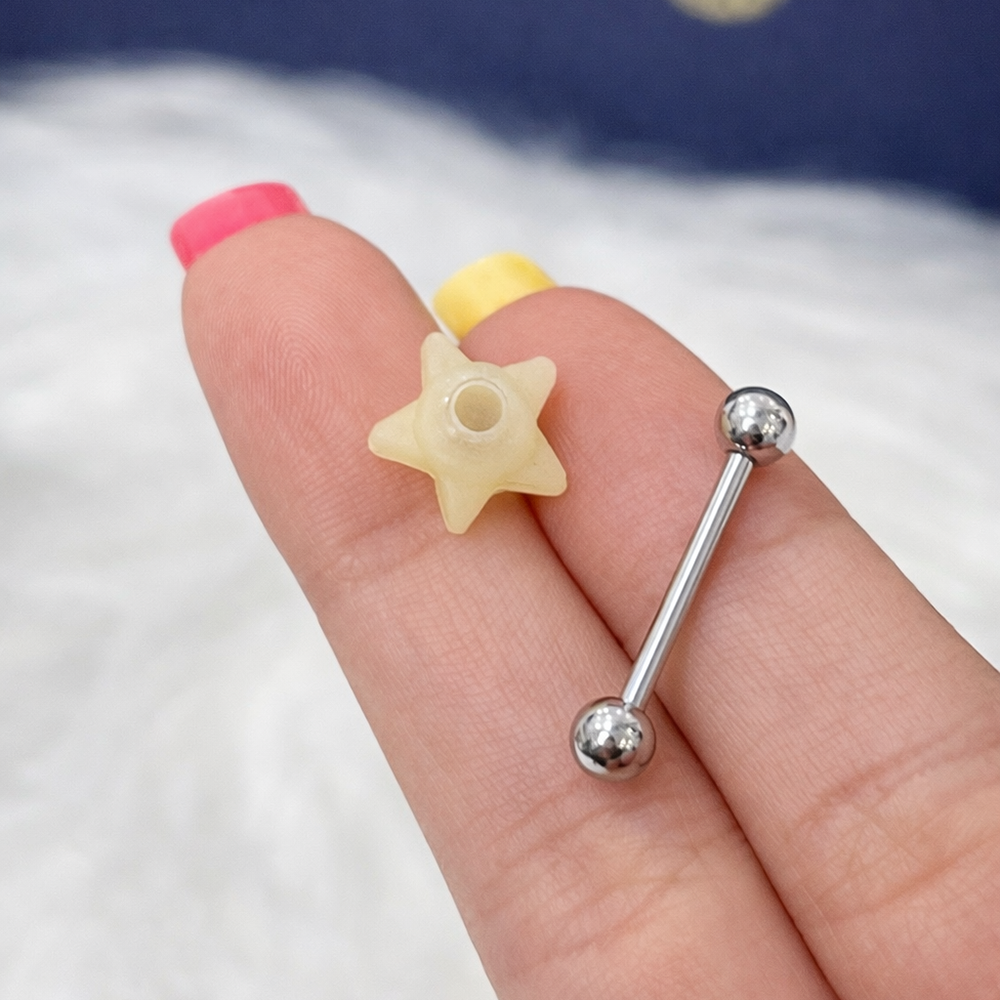 Surgical Steel 14 Gauge Tongue Barbell with Glow In Dark Star - 3 Pack