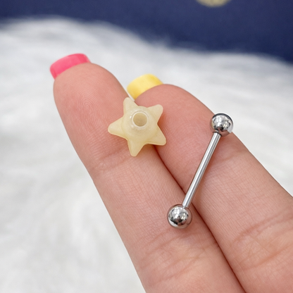 Surgical Steel 14 Gauge Tongue Barbell with Glow In Dark Star - 3 Pack