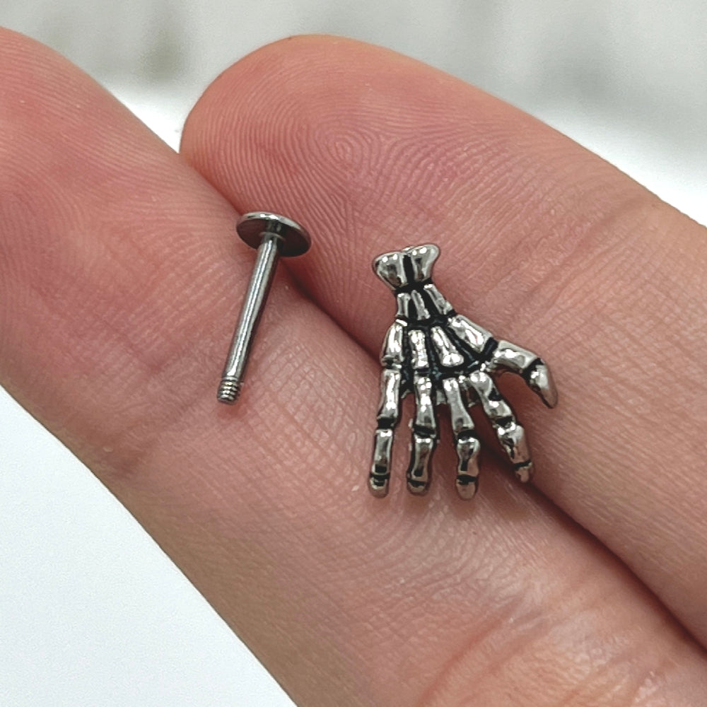 Surgical Steel Flat Back Labret Stud 16G 6mm & 8mm with Skeleton Hand - photo 3