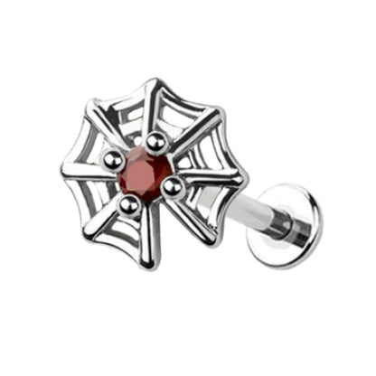 Surgical Steel Flat Back Labret Stud 18G 8mm with Red CZ Spider Web - photo 6