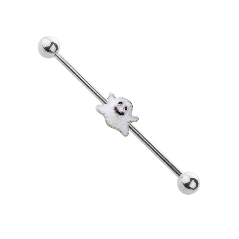 Surgical Steel 14 Gauge Industrial Barbell with Spooky Smiley Ghost
