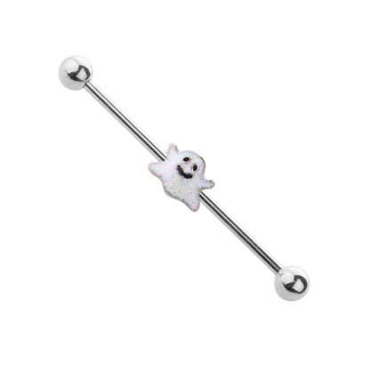 Surgical Steel 14 Gauge Industrial Barbell with Spooky Smiley Ghost