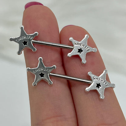 Surgical Steel Nipple Barbell 14G 14mm with Sheriff Badge Star - Pair - photo 5