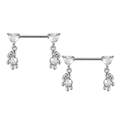Surgical Steel 14 Gauge Nipple Barbell with Teddy Bear Dangle - Pair