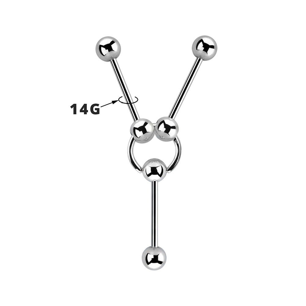 Surgical Steel Triple Way Pierced Industrial Barbell 14G 12mm to 18mm - photo 2