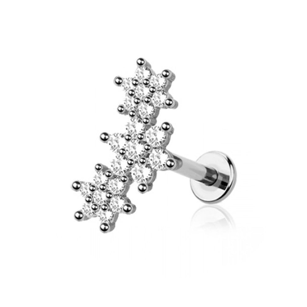 Surgical Steel 16 Gauge Triple Flower CZ Flat Back Labret Stud