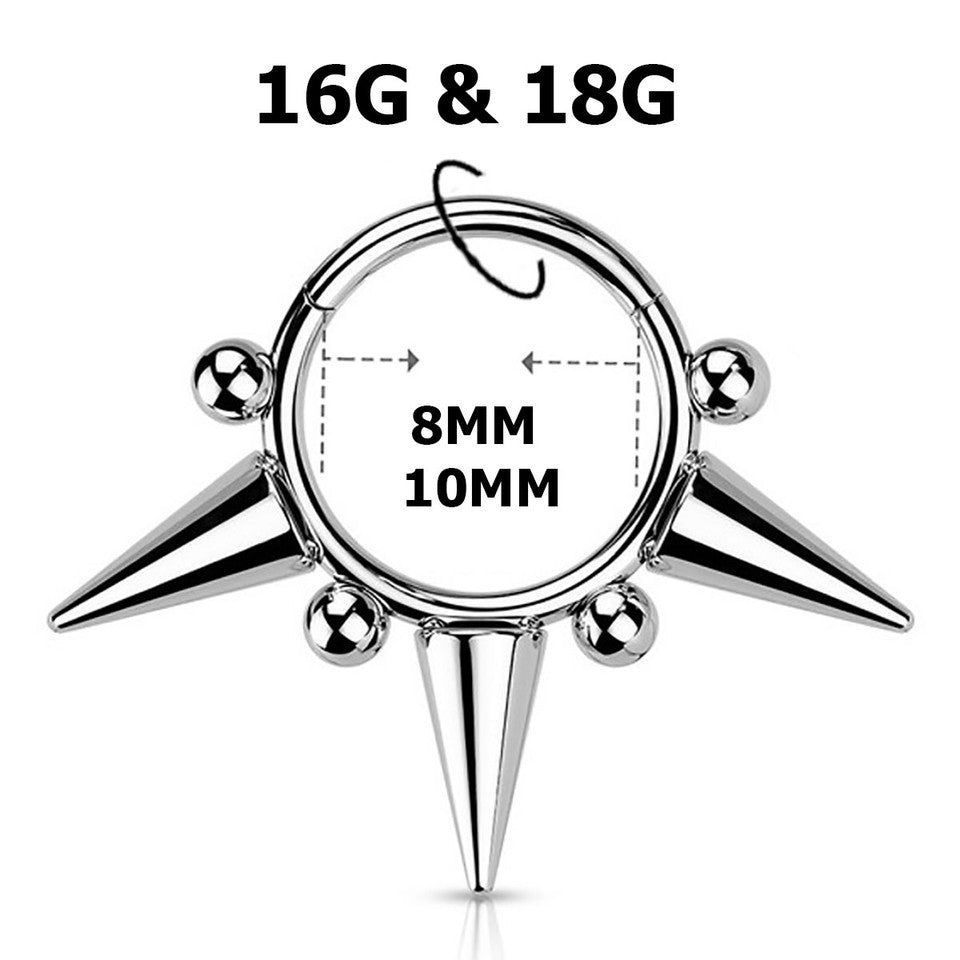 Surgical Steel 16 to 18 Gauge Hinged Segment Ring with Triple Spike - photo 3