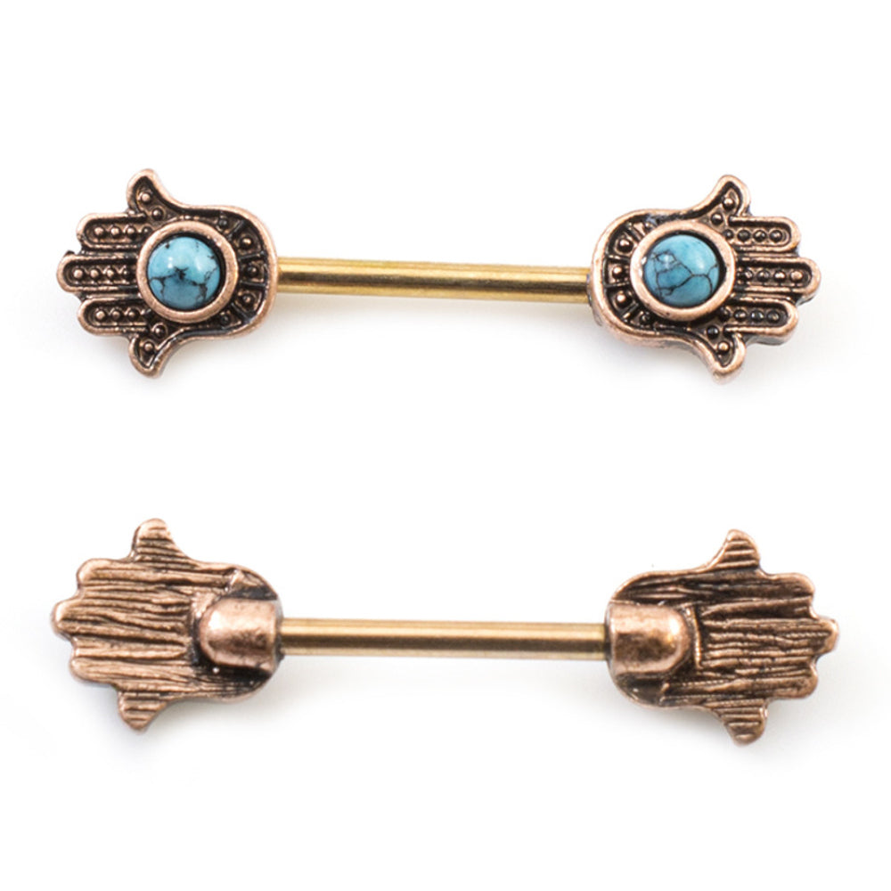 Surgical Steel Nipple Barbells with Turquoise Hamsa Hand - Pair - photo 5