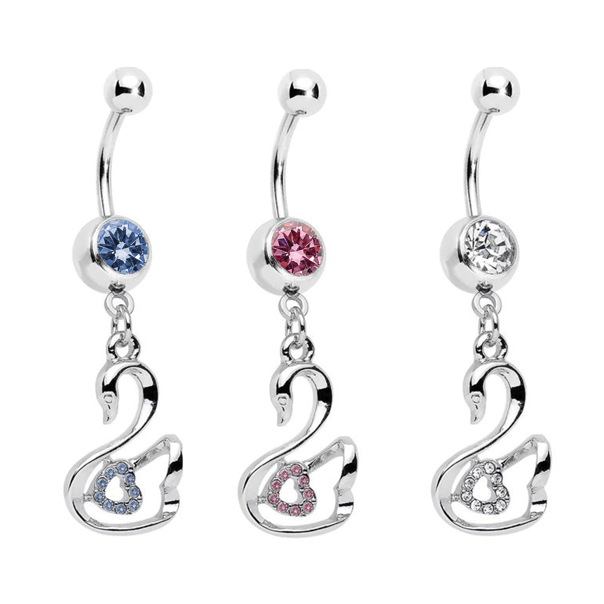 Surgical Steel 14 Gauge Belly Ring with Paved CZ Swan Dangle