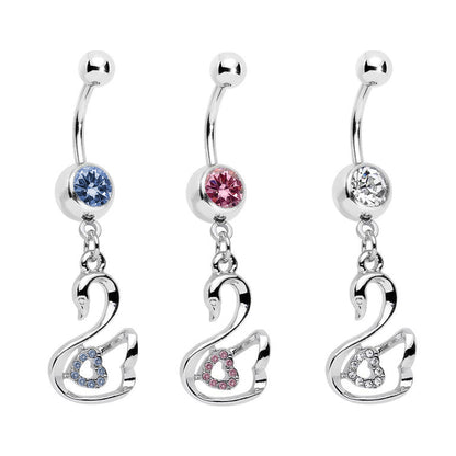 Surgical Steel 14 Gauge Belly Ring with Paved CZ Swan Dangle