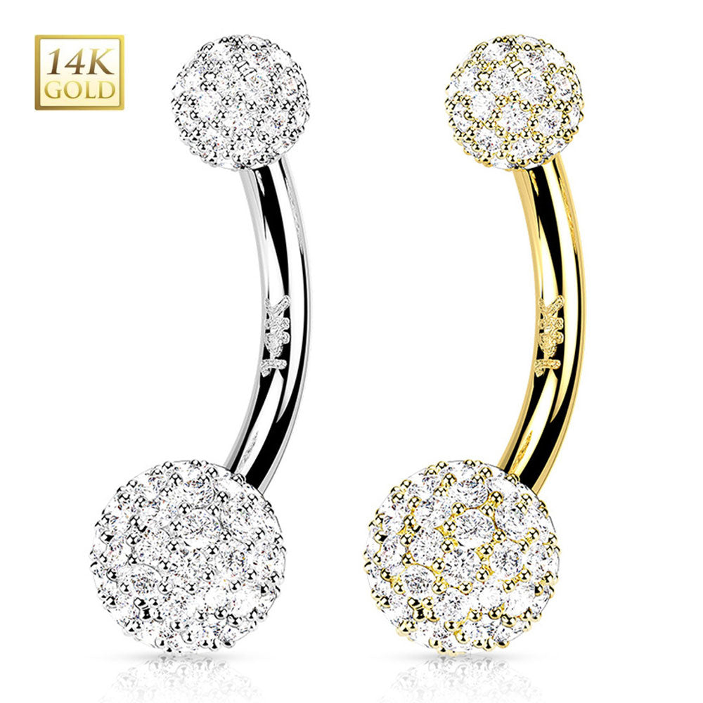 14K Solid Gold 14 Gauge Belly Ring with Paved CZ Balls - photo 2