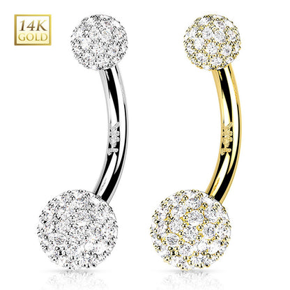 14K Solid Gold 14 Gauge Belly Ring with Paved CZ Balls - photo 2