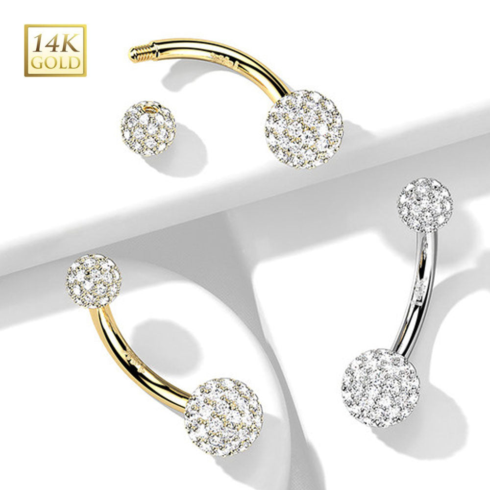 14K Solid Gold 14 Gauge Belly Ring with Paved CZ Balls