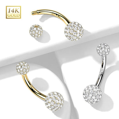 14K Solid Gold 14 Gauge Belly Ring with Paved CZ Balls