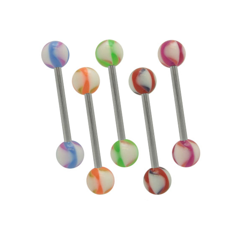 Surgical Steel 14 Gauge Tongue Barbell with Swirl Duo Color Balls