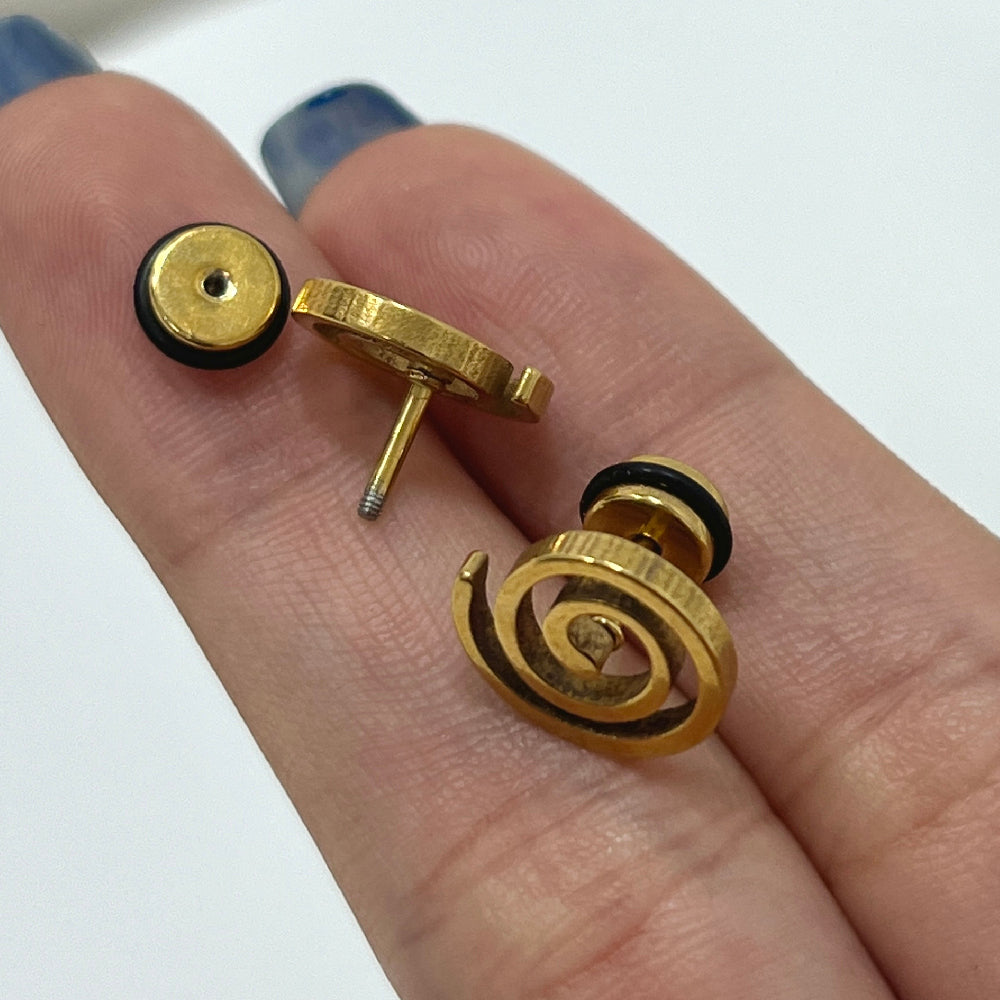 Surgical Steel 16 Gauge Fake Plugs with PVD Gold Spiral Swirl - Pair - photo 3
