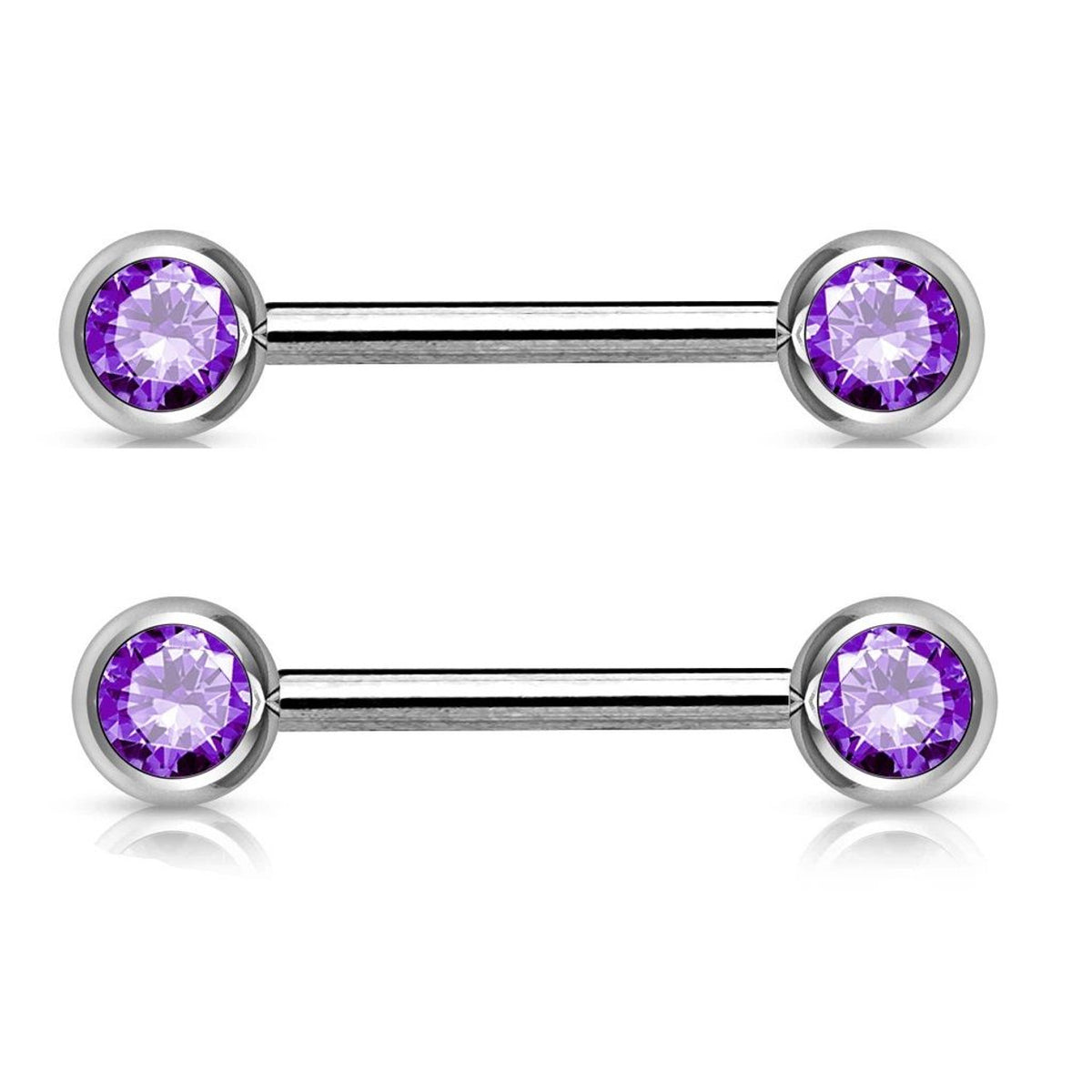 Surgical Steel 14 Gauge Nipple Barbell with Tanzanite CZ Bezel - Pair