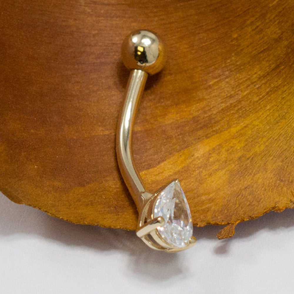 14K Solid Gold 14 Gauge Prong Set Teardrop CZ Belly Ring - photo 2