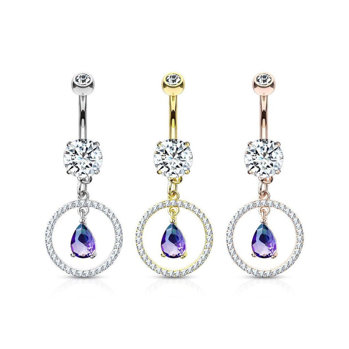 Surgical Steel 14 Gauge Belly Ring with Paved CZ Teardrop Dangle