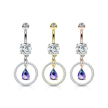 Surgical Steel 14 Gauge Belly Ring with Paved CZ Teardrop Dangle