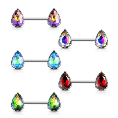 Surgical Steel 14 Gauge Nipple Barbell with AB Teardrop CZ - Pair