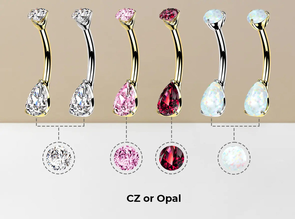 14K Solid Gold 14 Gauge Belly Ring with Teardrop Opal CZ Gems - photo 5