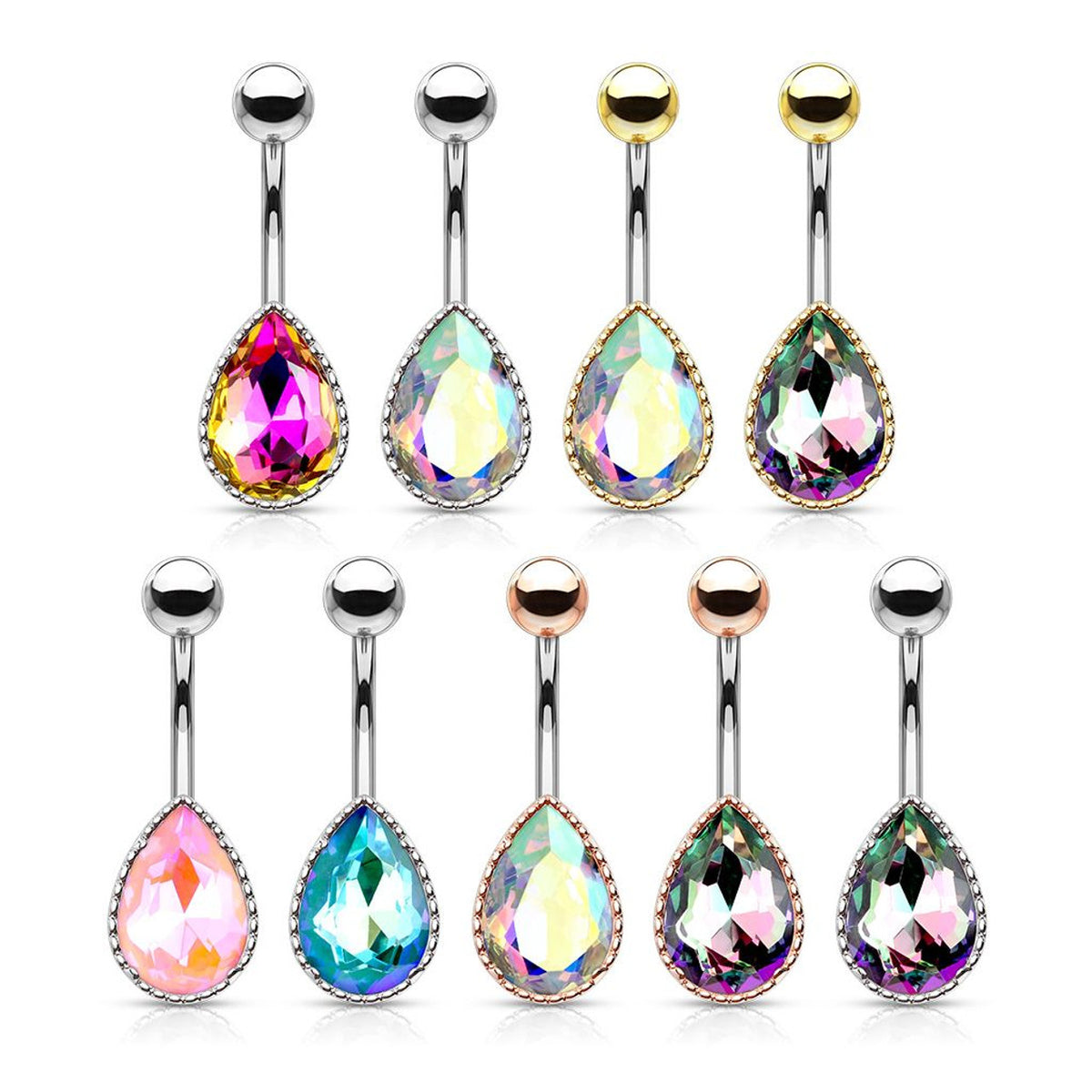 Surgical Steel 14 Gauge Belly Ring with Teardrop Glass Stone