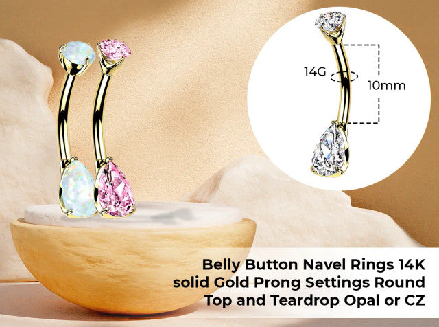14K Solid Gold 14 Gauge Belly Ring with Teardrop Opal CZ Gems - photo 2