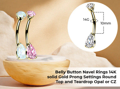 14K Solid Gold 14 Gauge Belly Ring with Teardrop Opal CZ Gems - photo 2