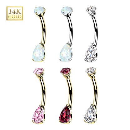 14K Solid Gold 14 Gauge Belly Ring with Teardrop Opal CZ Gems