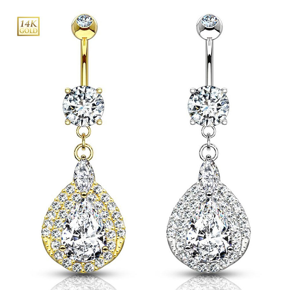 14K Solid Gold 14 Gauge Belly Ring with Dangle Teardrop Sparkle CZ