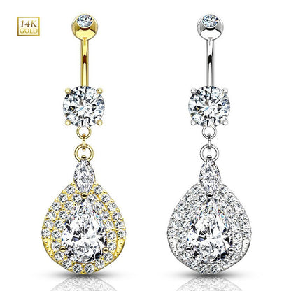 14K Solid Gold 14 Gauge Belly Ring with Dangle Teardrop Sparkle CZ