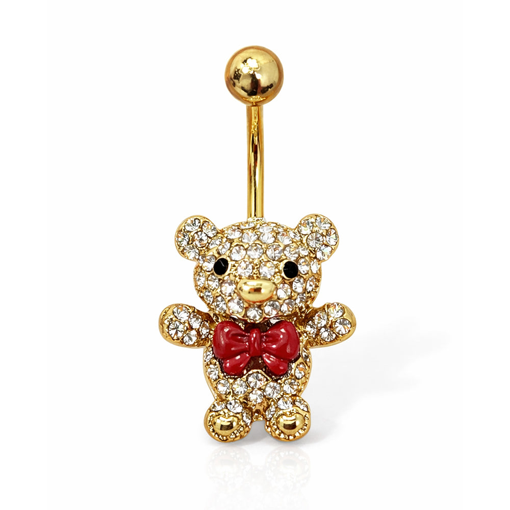 PVD Gold Surgical Steel 14 Gauge Belly Ring with Red Bow Teddy Bear