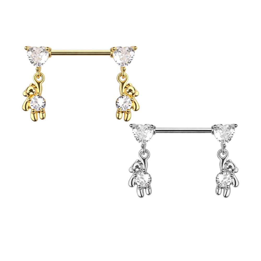 Surgical Steel 14 Gauge Nipple Barbell with Teddy Bear Dangle - Pair