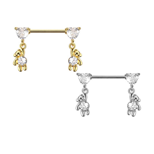 Surgical Steel 14 Gauge Nipple Barbell with Teddy Bear Dangle - Pair