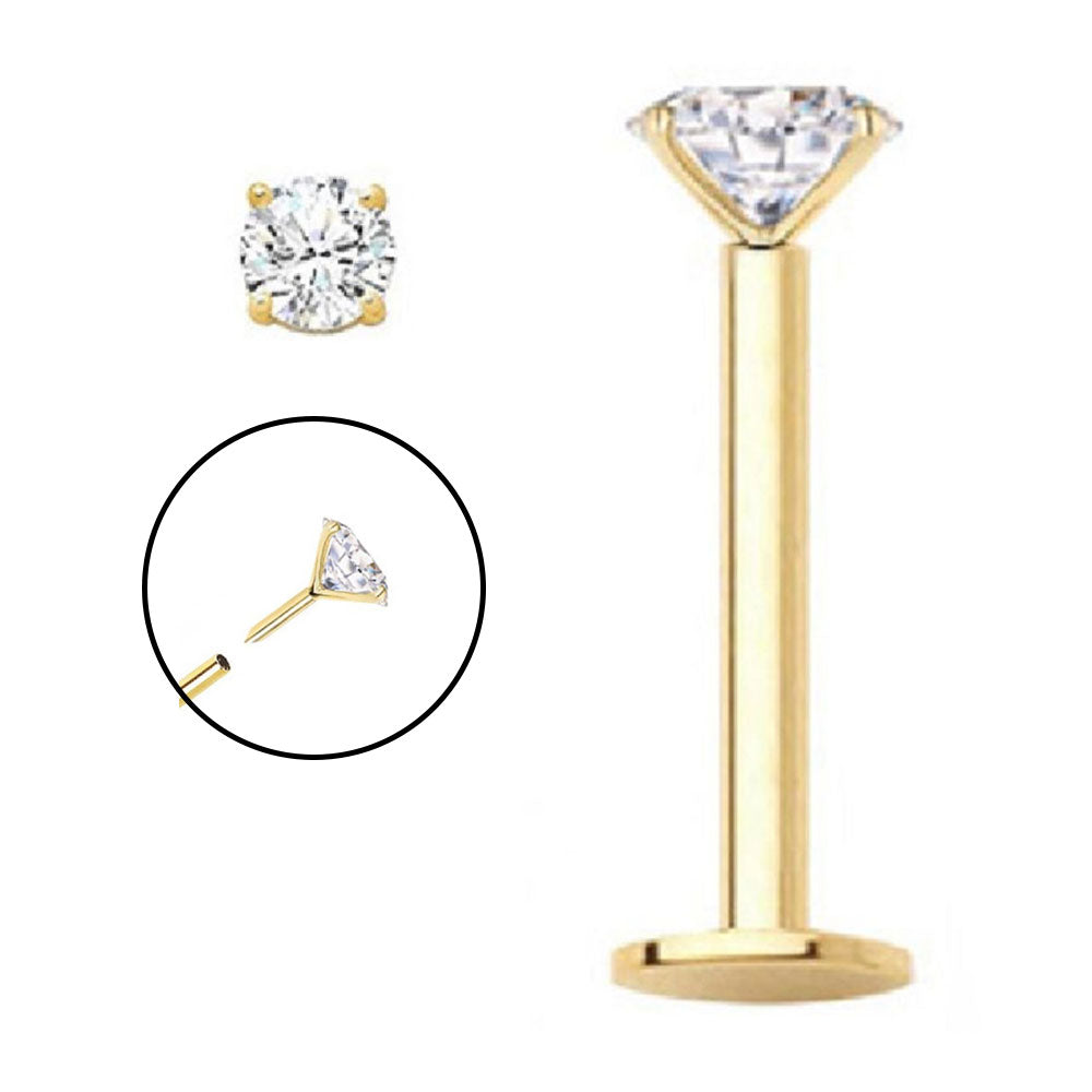 14K Solid Gold 16 Gauge Threadless Labret Stud with CZ