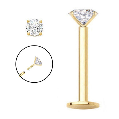 14K Solid Gold 16 Gauge Threadless Labret Stud with CZ